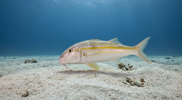 A realistic underwater photo of a yellowstripe goatfish (Weke) swimming near a sandy sea floor with a quiet, calm background.